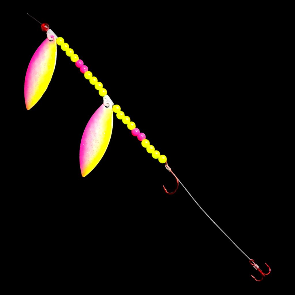 Bago Lures Pink Lemonade Tandem Willow Leaf Blade Crawler Harness with treble hook.
