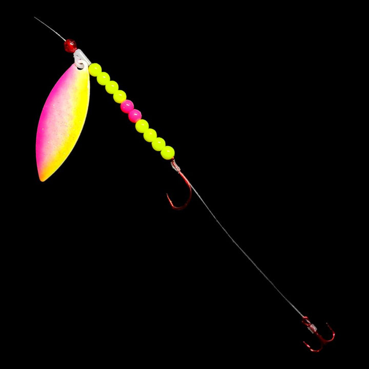 Bago Lures Pink Lemonade Willow Leaf Blade Crawler Harness with Treble Hook.
