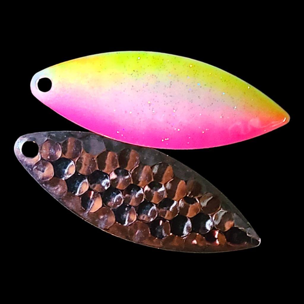 Bago Lures Pink Lemonade Willowleaf Blade with silver back.