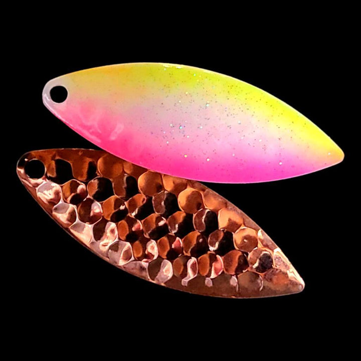 Bago Lures Pink Lemonade Willowleaf Blade with copper back.