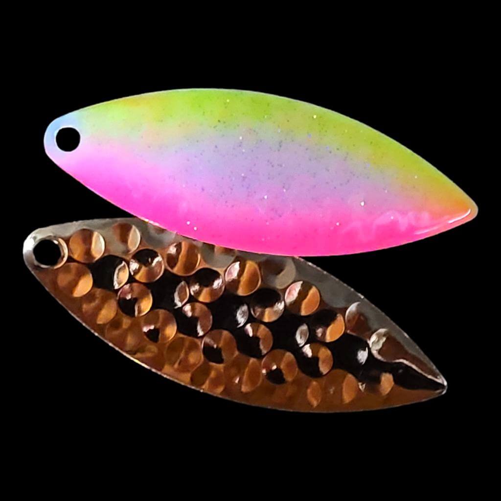 Bago Lures Pink Lemonade Willowleaf Blade with gold back.