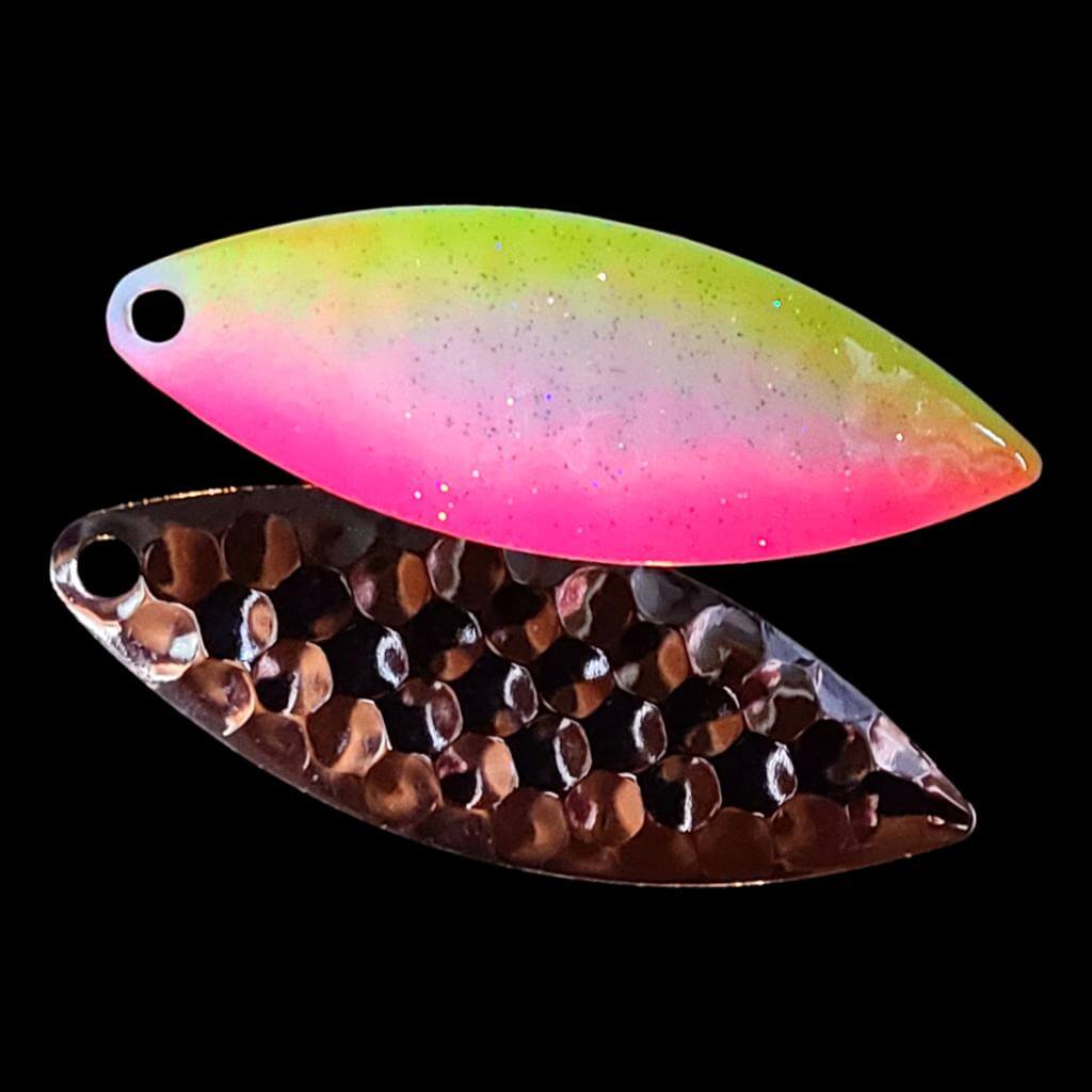 Bago Lures Pink Lemonade Willowleaf Blade with nickel back.