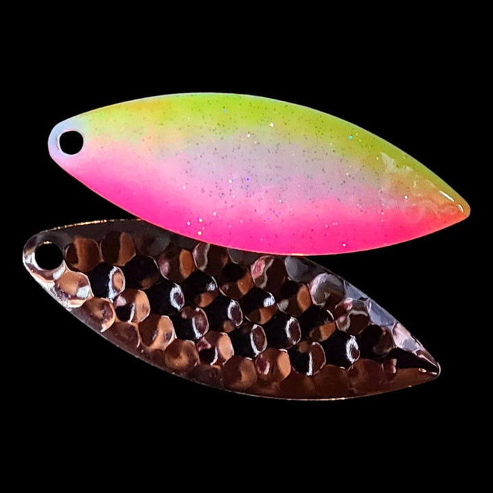 Bago Lures Pink Lemonade Willowleaf Blade with nickel back.