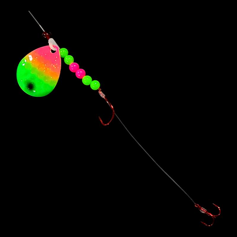 Bago Lures Pink Lime Attack Walleye Whisperer Crawler Harness with treble hook.