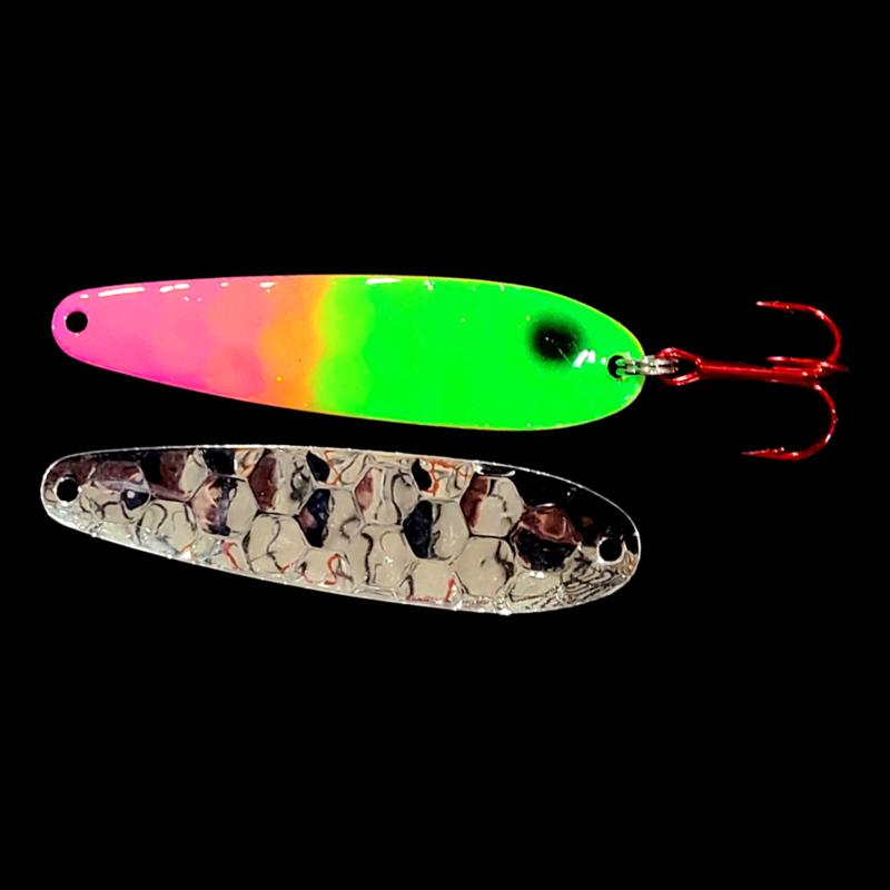 Bago Lures Pink Lime Attack Walleye Whisperer Flutter Spoon with silver back.