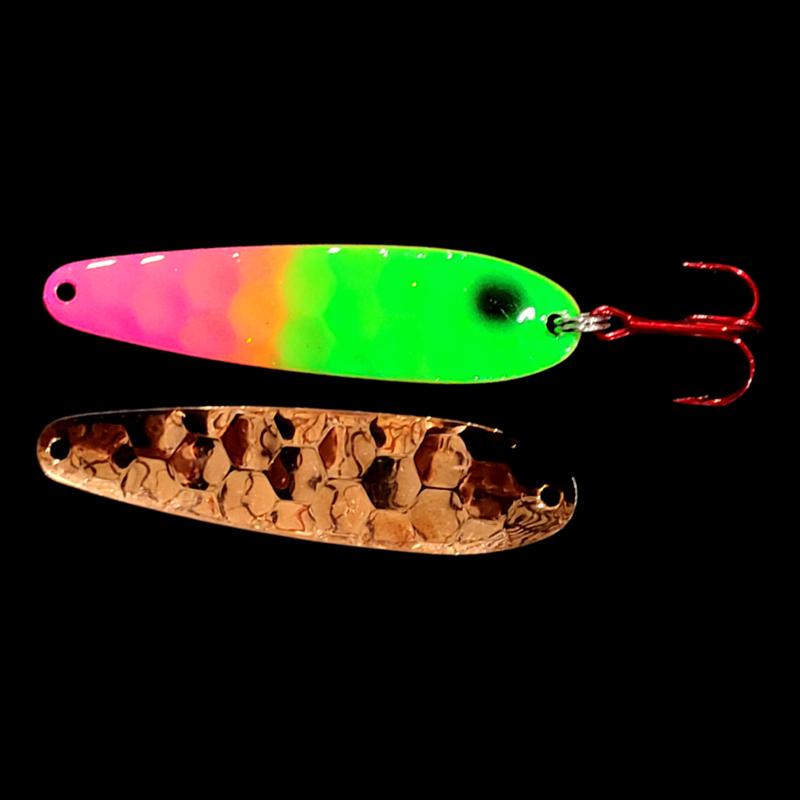 Bago Lures Pink Lime Attack Walleye Whisperer Flutter Spoon with copper back.