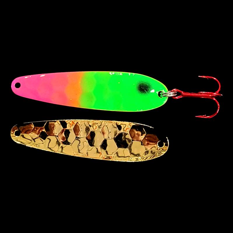Bago Lures Pink Lime Attack Walleye Whisperer Flutter Spoon with gold back.