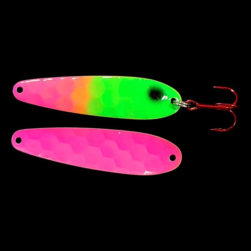 Bago Lures Pink Lime Attack Walleye Whisperer Flutter Spoon with hot pink back.