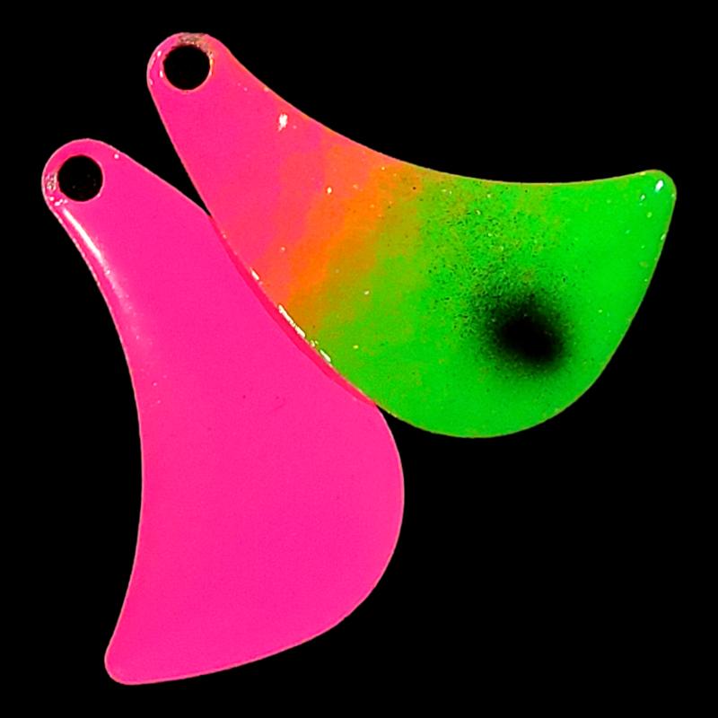 Bago Lures Pink Lime Attack Walleye Whisperer Hatchet Spinner Blade with hot pink back.
