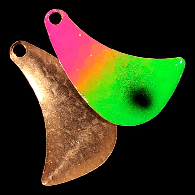 Bago Lures Pink Lime Attack Walleye Whisperer Hatchet Spinner Blade with copper back.
