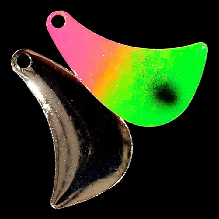 Bago Lures Pink Lime Attack Walleye Whisperer Hatchet Spinner Blade with nickel back.