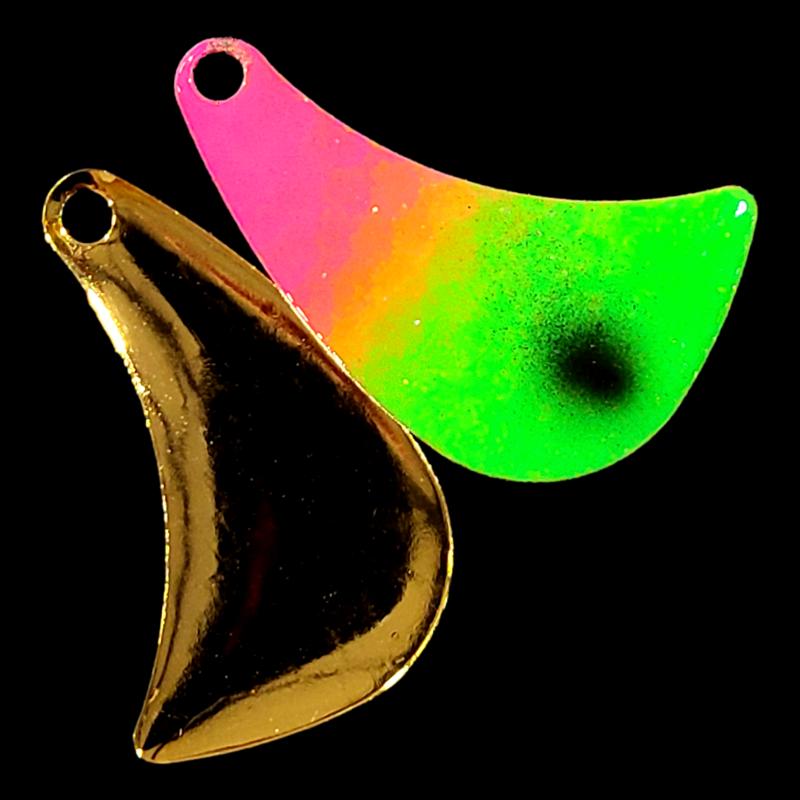 Bago Lures Pink Lime Attack Walleye Whisperer Hatchet Spinner Blade with gold back.