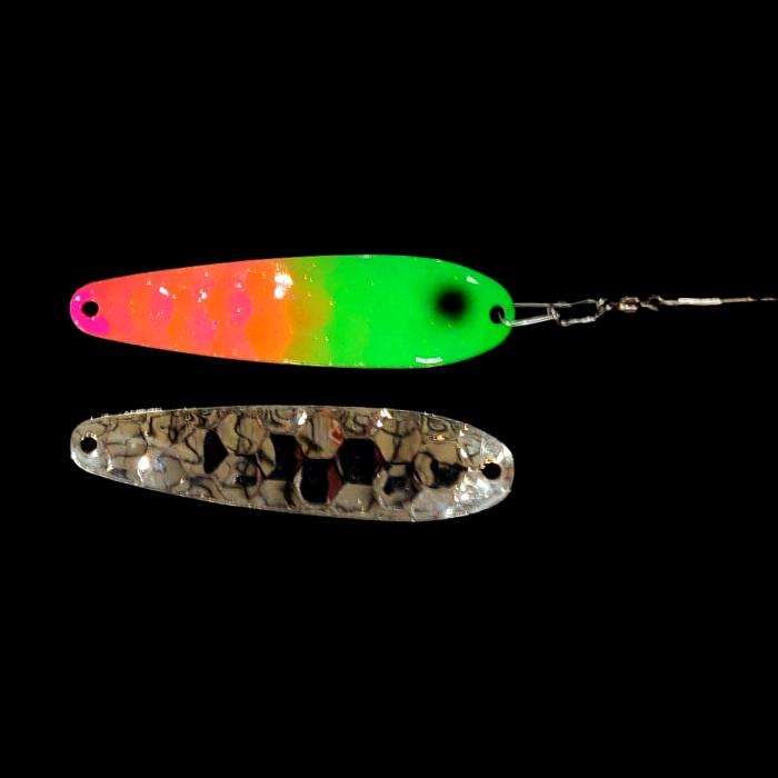 Pink Lime Attack Crawler Dancer Spoon Harness with silver back.