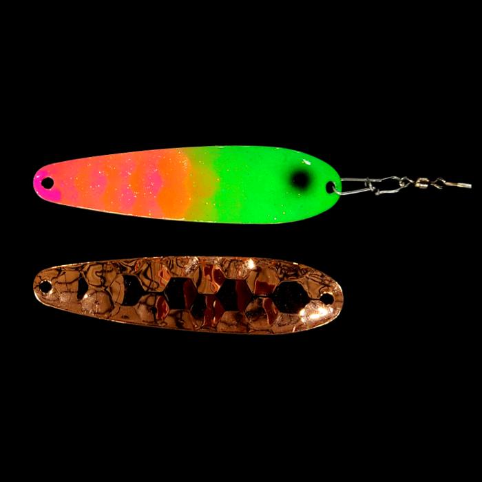 Pink Lime Attack Crawler Dancer Spoon Harness with copper back.