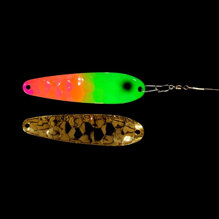 Pink Lime Attack Crawler Dancer Spoon Harness with gold back.