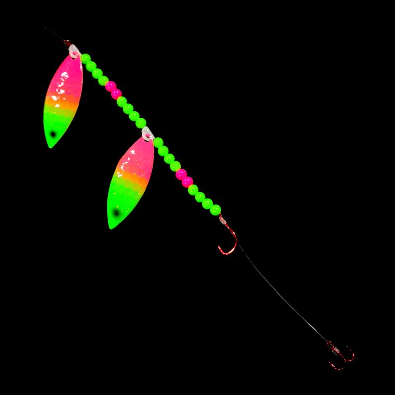 Bago Lures Pink Lime Attack Walleye Whisperer Tandem Willow Leaf Blade Crawler Harness with treble hook.
