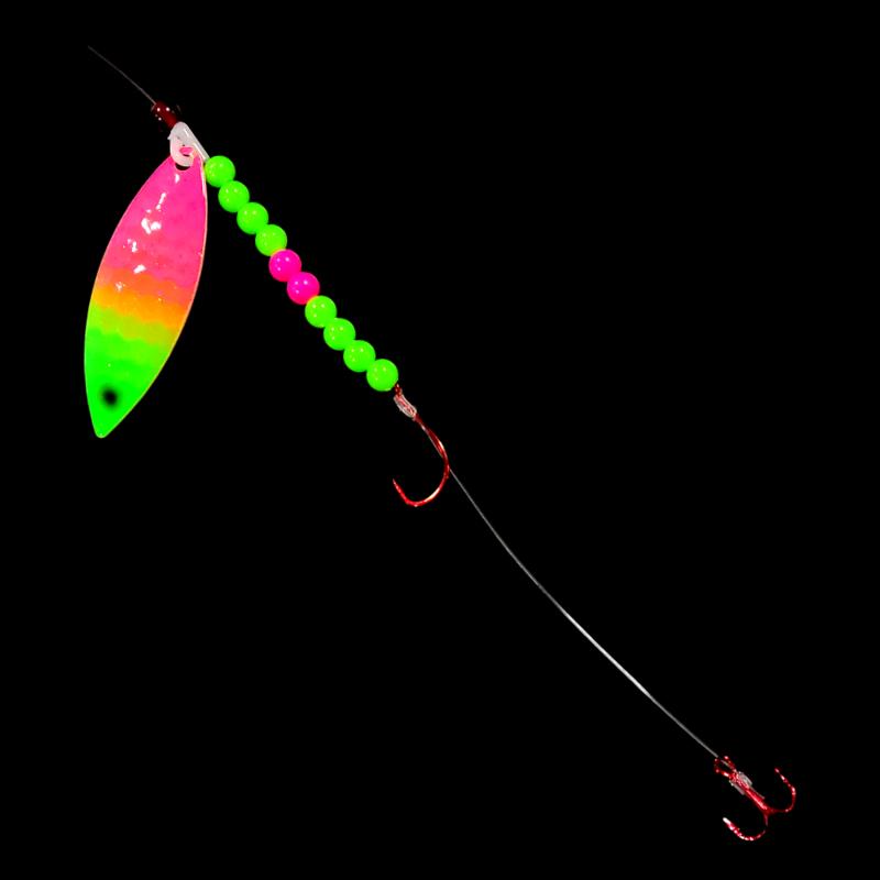 Bago Lures Pink Lime Attack Walleye Whisperer Willow Leaf Blade Crawler Harness with treble hook.