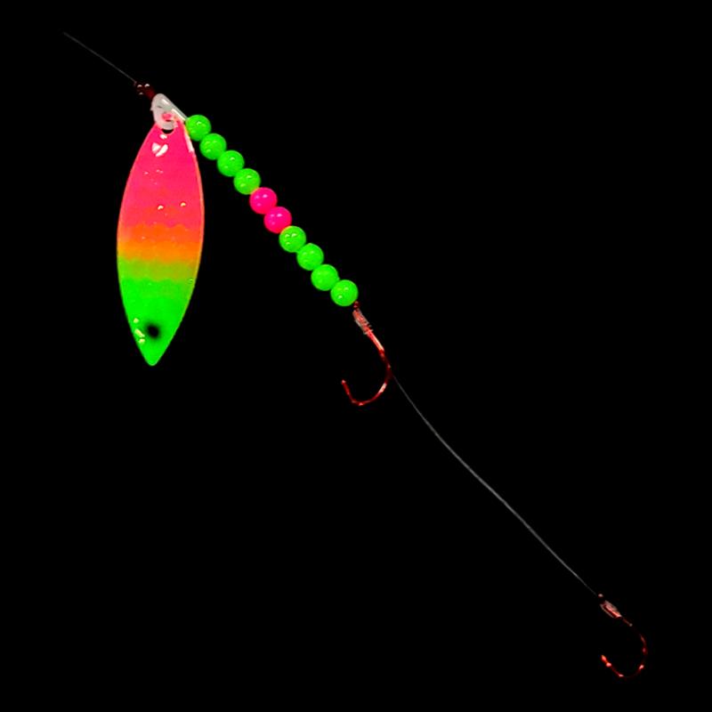 Bago Lures Pink Lime Attack Walleye Whisperer Willow Leaf Blade Crawler Harness.