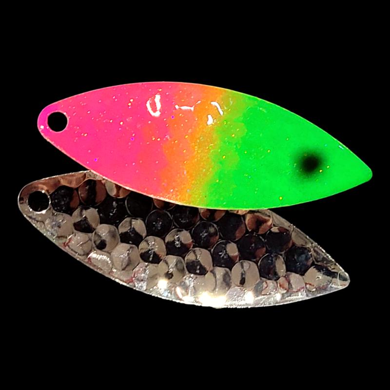 Bago Lures Pink Lime Attack Walleye Whisperer Willowleaf Blade with silver back.