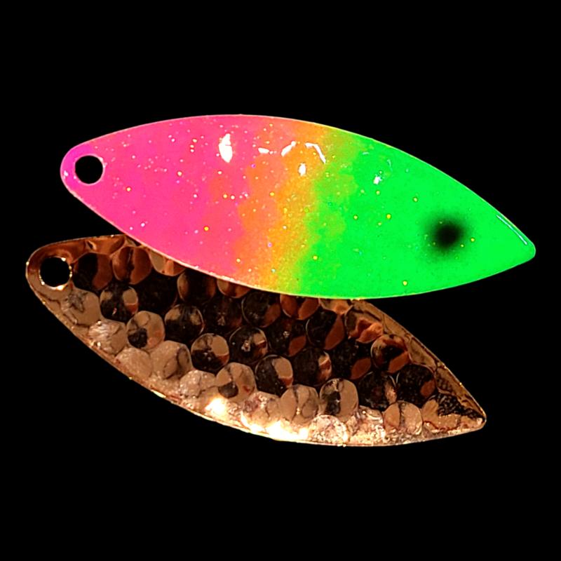 Bago Lures Pink Lime Attack Walleye Whisperer Willowleaf Blade with copper back.