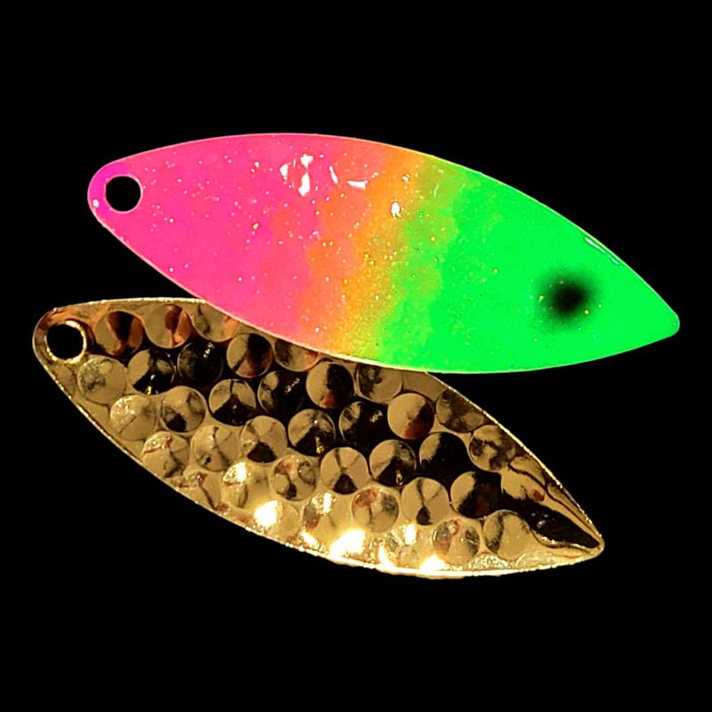 Bago Lures Pink Lime Attack Walleye Whisperer Willowleaf Blade with gold back.