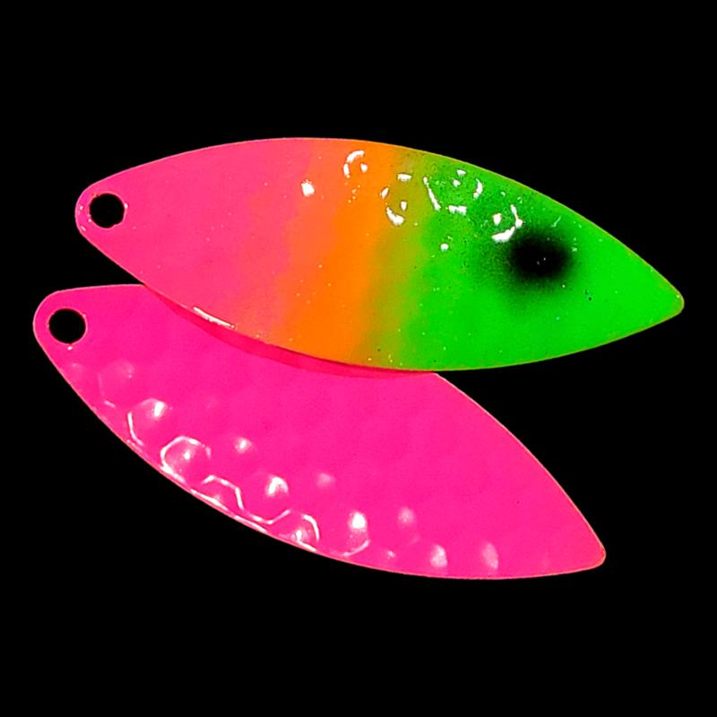 Bago Lures Pink Lime Attack Walleye Whisperer Willowleaf Spinner Blade with hot pink back.