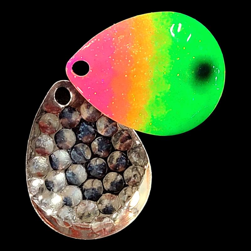 Bago Lures Pink Lime Attack Walleye Whisperer Deep Cup Colorado Blade with silver back.