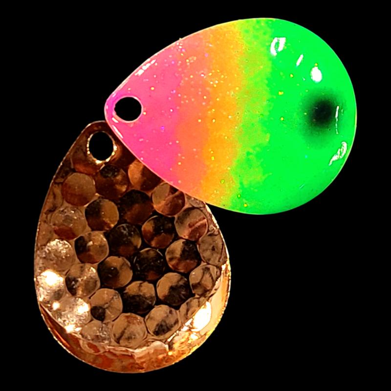 Bago Lures Pink Lime Attack Walleye Whisperer Deep Cup Colorado Blade with copper back.