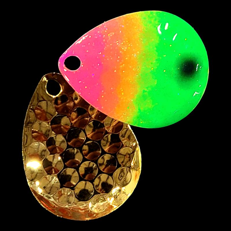 Bago Lures Pink Lime Attack Walleye Whisperer Deep Cup Colorado Blade with gold back.