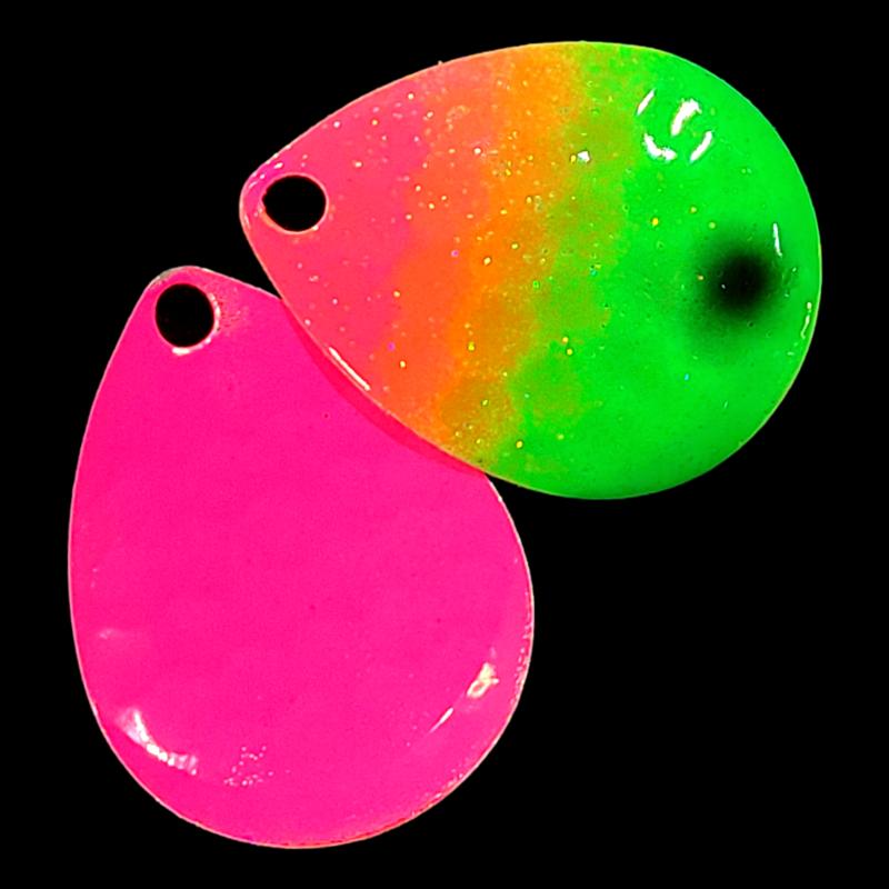 Bago Lures Pink Lime Attack Walleye Whisperer Deep Cup Colorado Blade with hot pink back.