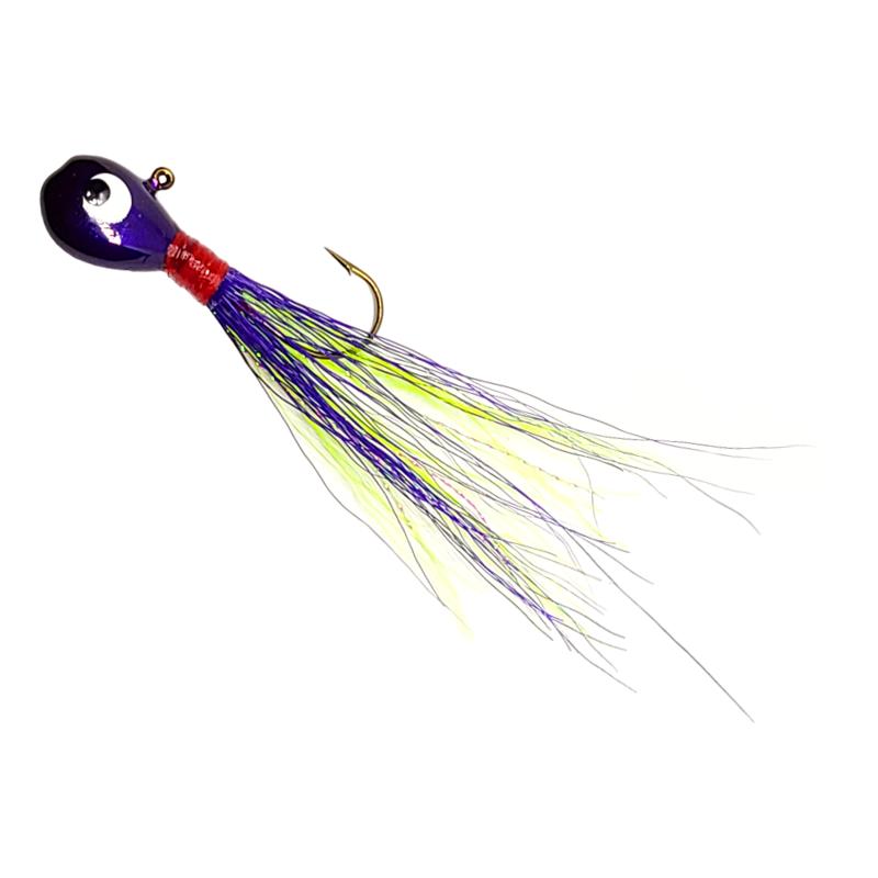 Bago Lures Purple Chartreuse Flat Head Bucktail Jig.