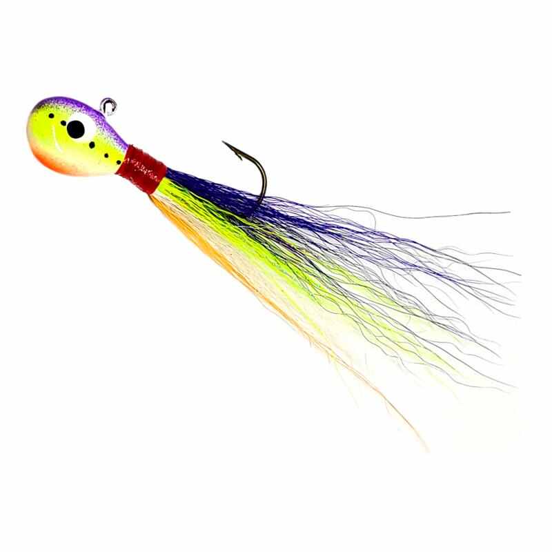 Bago Lures Purple Chartreuse Orange Flat Head Bucktail Jig.