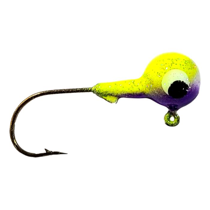 Bago Lures Purple Chartreuse Trophy Chaser Round Head Jig with bait keeper barb.