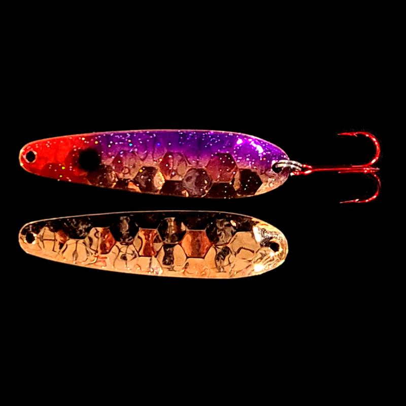 Bago Lures Purple Clown Walleye Whisperer Flutter Spoon with copper back.