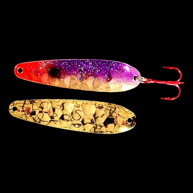 Bago Lures Purple Clown Walleye Whisperer Flutter Spoon with gold back.
