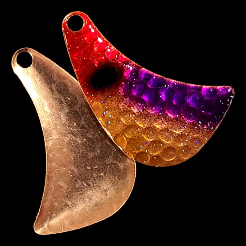 Bago Lures Purple Clown Walleye Whisperer Hatchet Spinner Blade with copper back.