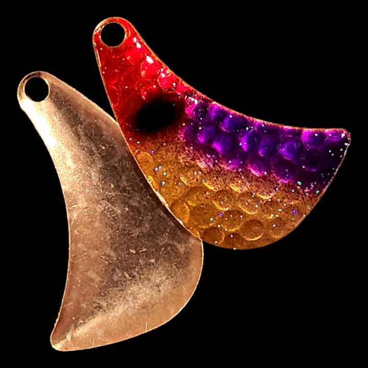 Bago Lures Purple Clown Walleye Whisperer Hatchet Spinner Blade with copper back.