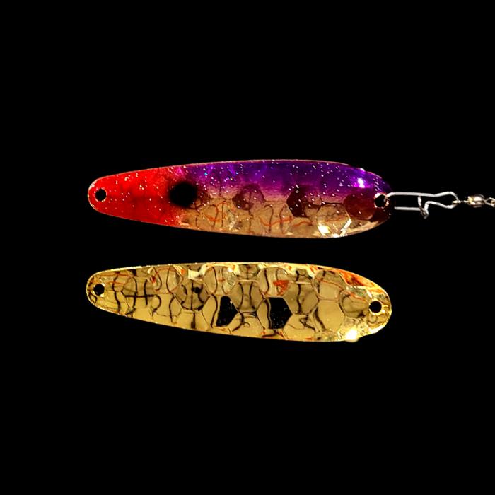 Purple Clown Crawler Dancer Spoon Harness with gold back.