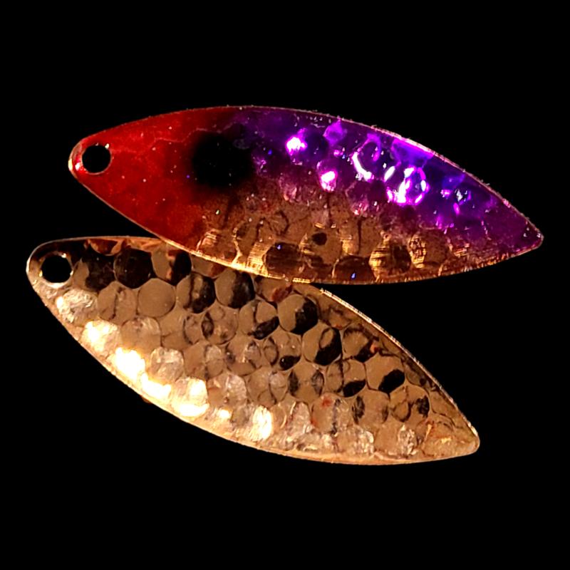 Bago Lures Purple Clown Walleye Whisperer Willow Leaf Spinner Blade with copper back.