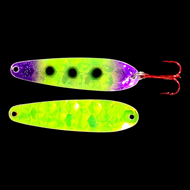 Bago Lures Purple Freeze Walleye Whisperer Flutter Spoon with antifreeze back.