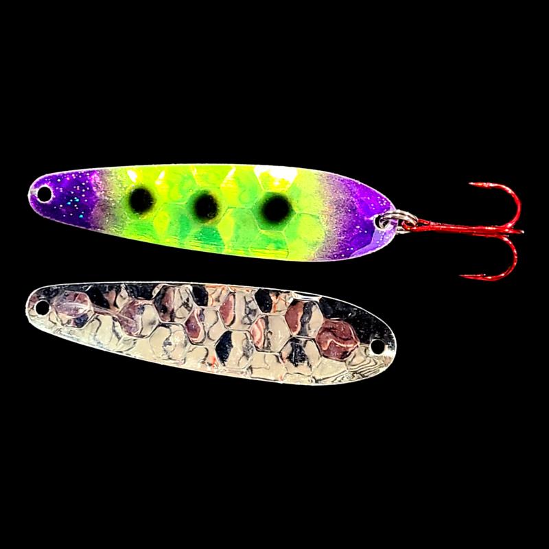 Bago Lures Purple Freeze Walleye Whisperer Flutter Spoon with silver back.