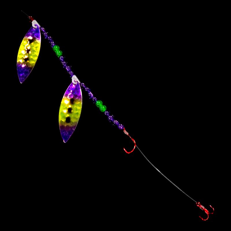 Bago Lures Purple Freeze Walleye Whisperer Tandem Willow Leaf Blade Harness with treble hook.