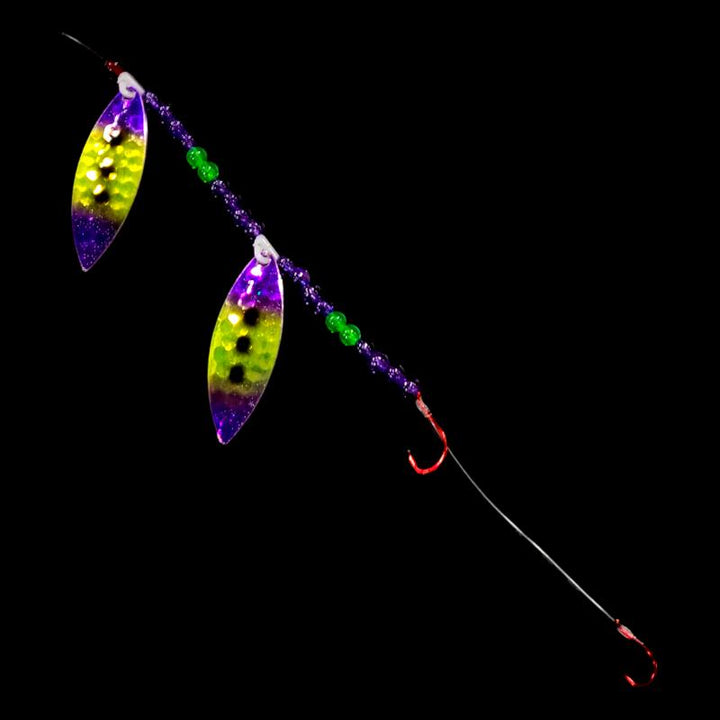 Bago Lures Purple Freeze Walleye Whisperer Tandem Willow Leaf Blade Harness.