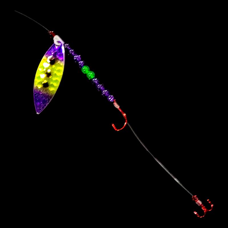 Bago Lures Purple Freeze Walleye Whisperer Willow Leaf Crawler Harness with treble hook.