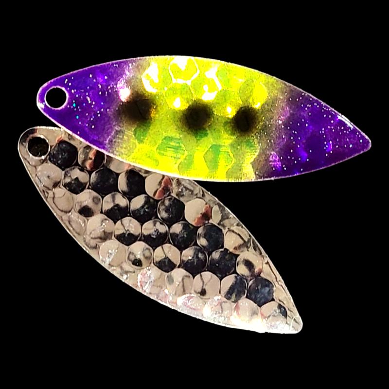 Bago Lures Purple Freeze Walleye Whisperer Willowleaf Spinner Blade with silver back.