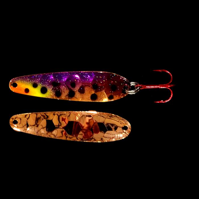 Purple Huckleberry Walleye Whisperer Flutter Spoon with copper back.