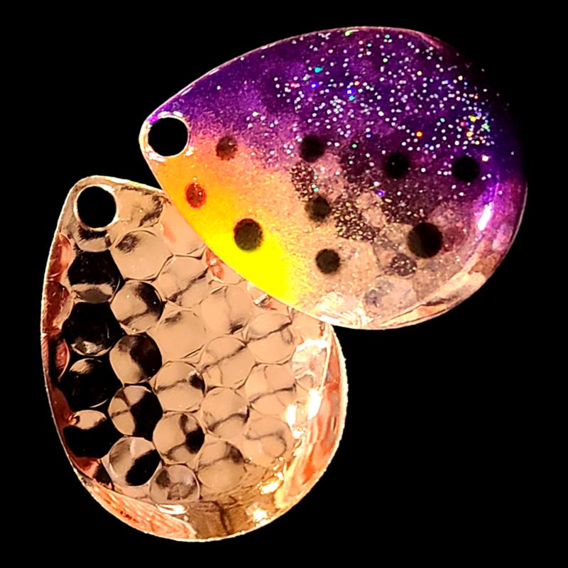 Bago Lures Purple Huckleberry Walleye Whisperer Deep Cup Colorado Blade with copper back.