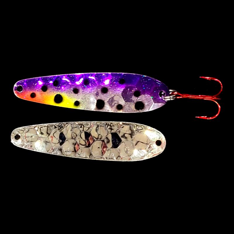 Bago Lures Purple Huckleberry Walleye Whisperer Flutter Spoon with silver back.