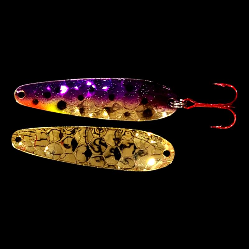 Bago Lures Purple Huckleberry Walleye Whisperer Flutter Spoon with gold back.