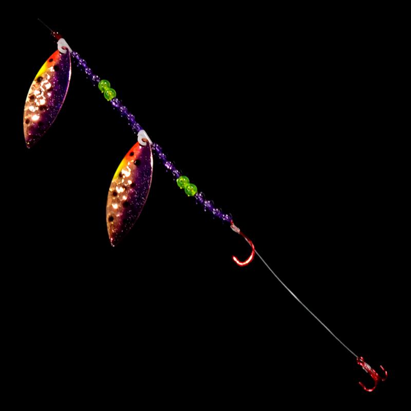 Bago Lures Purple Huckleberry Walleye Whisperer Tandem Willow Leaf Blade Crawler Harness with treble hook.